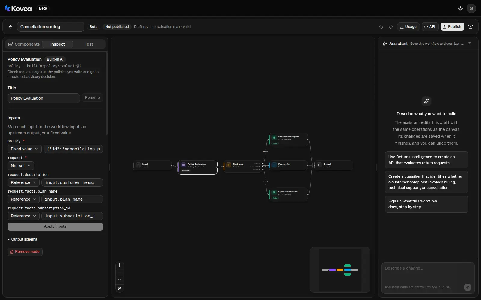 The Policy Evaluation node's inputs